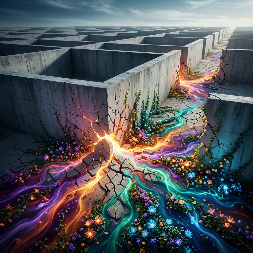 Bunte Ranken und leuchtende Flüssigkeiten durchbrechen graue Betonwände in einer weiten Landschaft.